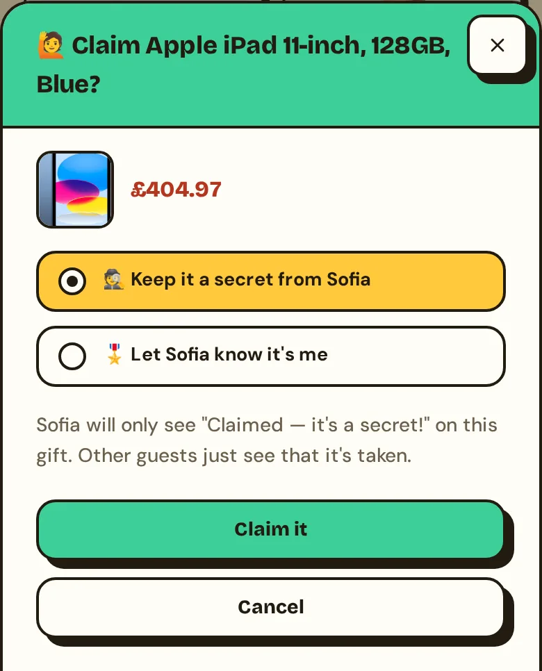 The claim dialog for an Apple iPad, with Keep it a secret from Sofia selected.