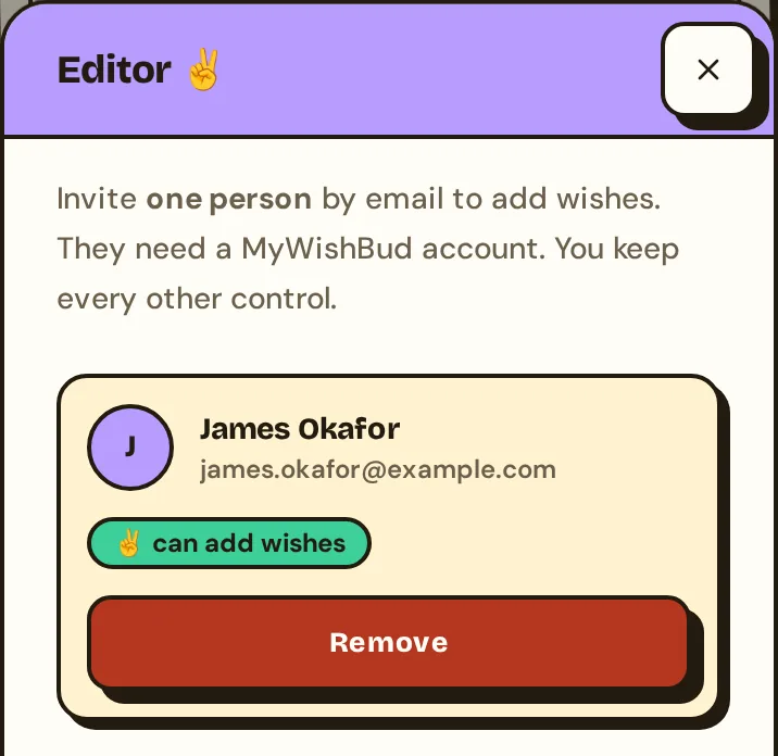 The Editor dialog, with James Okafor added as the one person who can add wishes.