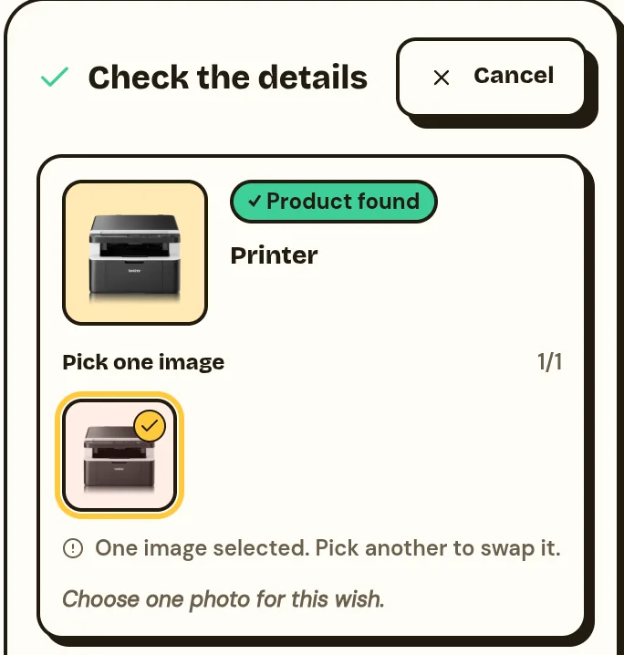 The add-wish form after pasting a product link, with a printer found and its photo picked.