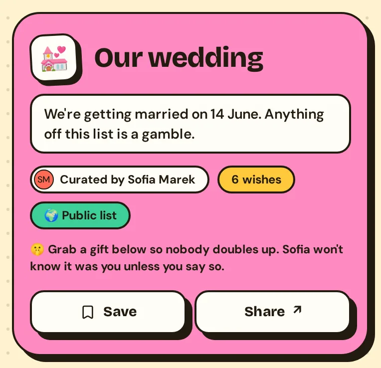 The shared list Our wedding as a guest sees it, curated by Sofia Marek, with 6 wishes and Save and Share buttons.